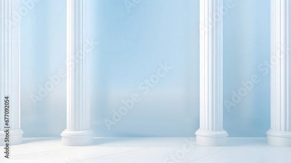 Fototapeta Beautiful airy widescreen minimalistic white and light blue architectural background banner with tilted columns.
