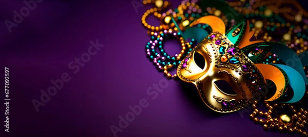 Obraz panoramic picture of a golden colorful carnival mask decorated with bright orange green and purple jewelry and with purple and orange feathers in a purple background, carnival theme, copy space
