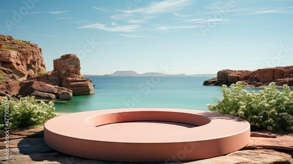 Fototapeta Minimalist luxury podium on a cliffside with a serene ocean view, under a clear sky with fluffy clouds.