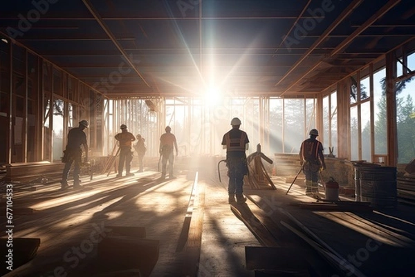 Obraz Construction workers standing inside a sunlit construction site.