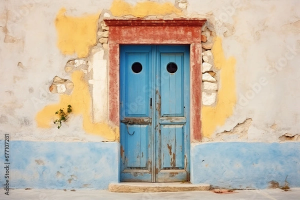 Fototapeta Blue old door, Background in the form of a shabby wall with a door texture peeling paint 
