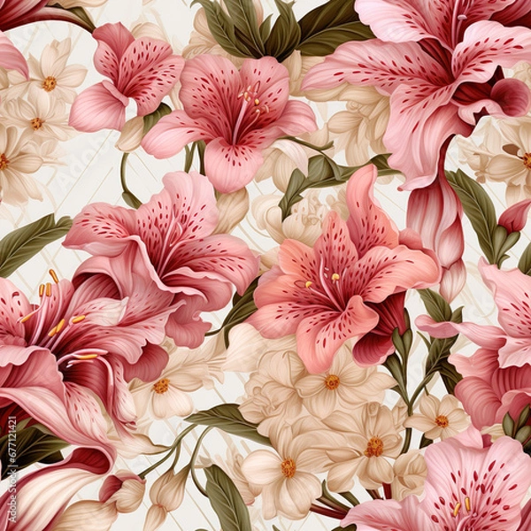 Fototapeta Seamless pattern of pink lilies and white chrysanthemums