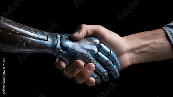 Fototapeta Handshake between man & robot. Human / AI collaboration concept