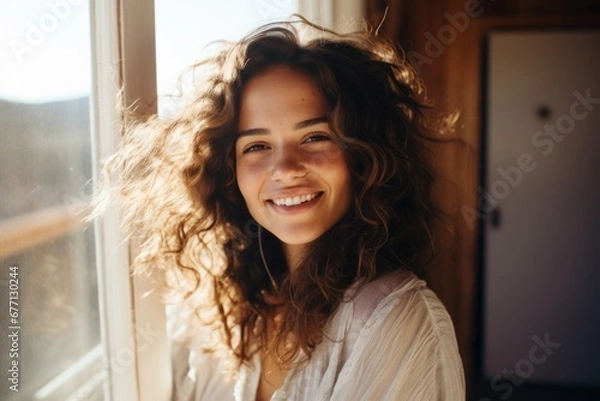 Obraz Mujer joven en calma y sonriente, estabilidad emocional y salud mental. Entusiasta. 