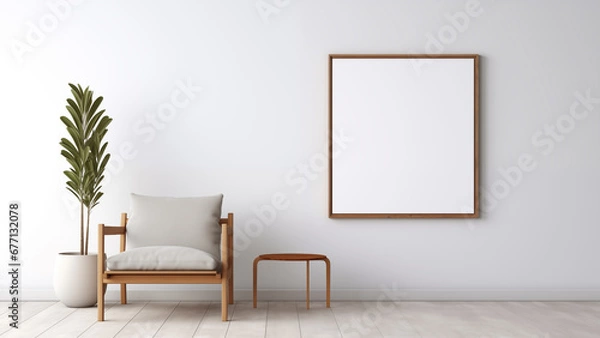Obraz An empty picture frame hanging on a wall in a minimalist living room with a modern, soft glow.