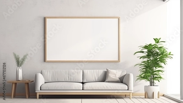 Obraz An empty picture frame hanging on a wall in a minimalist living room with a modern, soft glow.