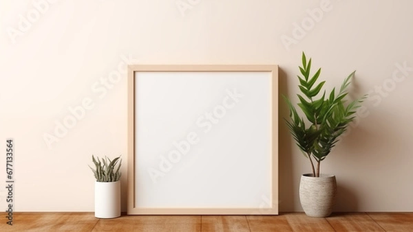 Obraz An empty picture frame hanging on a wooden wall in a minimalist living room with warm, soft light