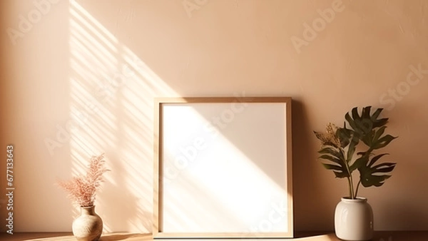 Obraz An empty picture frame hanging on a wooden wall in a minimalist living room with warm, soft light