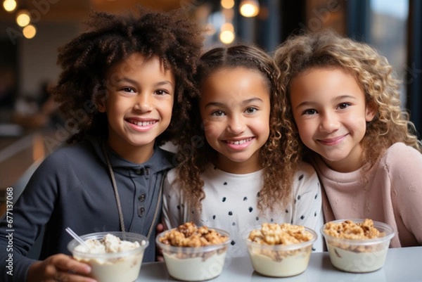 Obraz Group of classmates having lunch during break. Three cute children girls with multicolored skin curls smile at the camera, at their breakfast at school or kindergarten.