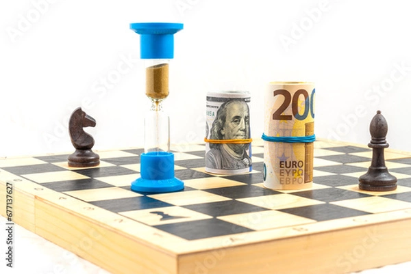 Obraz Front angle view of chess board with two black chess pieces, an hourglass with falling sand within and rolled euro bank notes and American dollar bills. Concept of business strategy, leadership