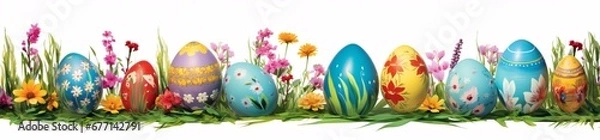 Fototapeta easter eggs border with transparent background, easter grass png, panoramic scale, colorful costumes