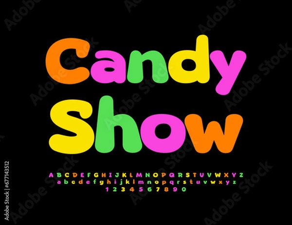 Fototapeta Vector artistic banner Candy Show. Colorful Kids Font. Bright Alphabet Letters and Numbers