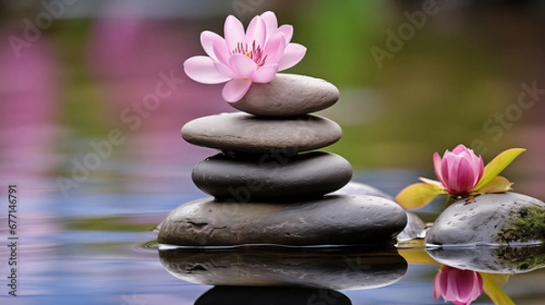 Fototapeta pyramid or tower of stones on the river bank, zen, harmony, chedo, water, rocks, lake, spa, relaxation, nature, tranquility, beauty, balance, landscape, minerals, shape, structure, religious, flower