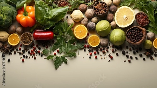 Fototapeta Variety of organic cutted vegetables in the kitchen lay on the table
