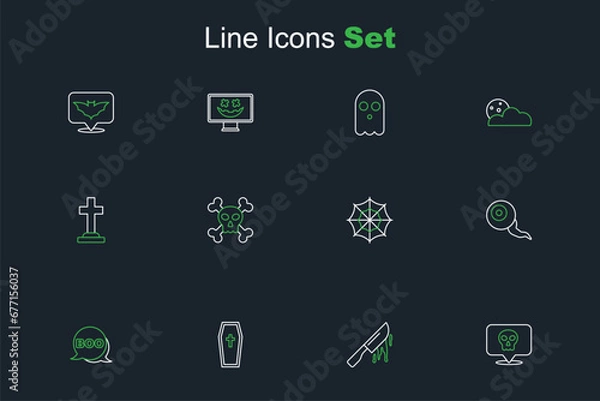 Fototapeta Set line Skull, Bloody knife, Coffin with christian cross, Boo speech bubble, Eye, Spider web, on crossbones and Tombstone icon. Vector