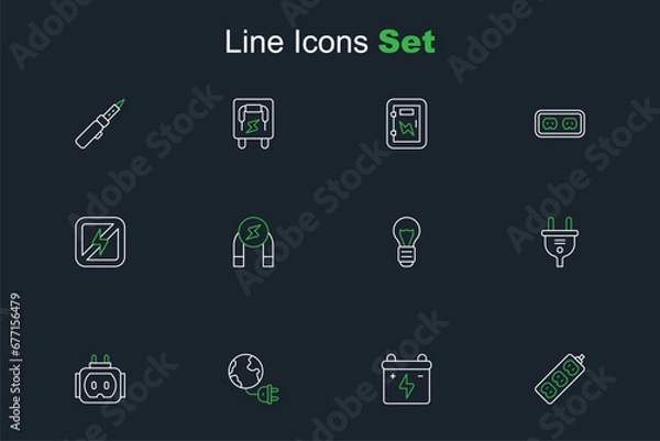 Fototapeta Set line Electric extension, Car battery, Global energy planet with plug, Tee electric, Creative lamp light idea, Magnet and No lightning icon. Vector