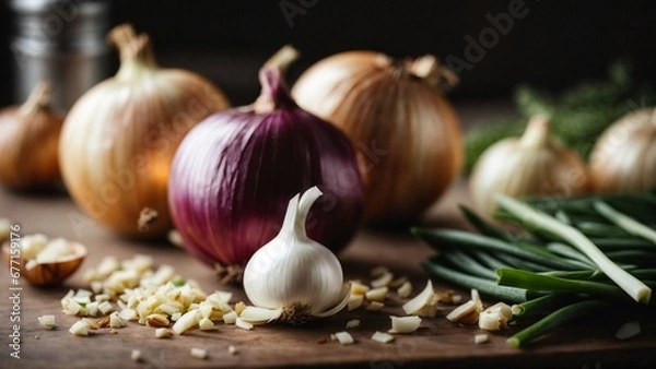 Fototapeta Close up high resolution image of fresh and natural garlic, shallot, and onion. Generative AI.