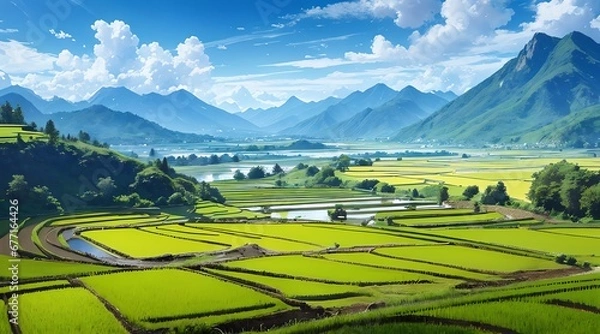 Obraz アニメ背景_青空と田んぼの風景_002