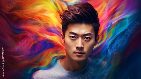 Obraz Portrait of an asian man with rainbow colors, generated with ai