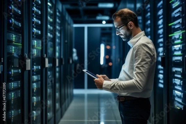 Obraz Data Center Engineer Young man holding digital tablet standing by supercomputer server