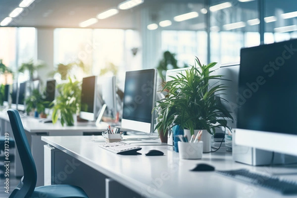 Fototapeta Blurred Modern open office interior for corporate business or call centre with blurred background