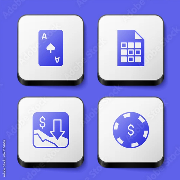 Fototapeta Set Playing card with spades symbol, Lottery ticket, Financial growth decrease and Casino chip dollar icon. White square button. Vector