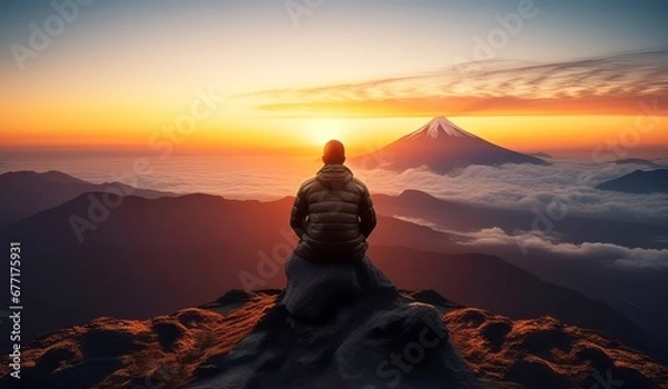 Fototapeta Man wearing mountain jacket sitting on top of the mountain and watching the sunrise in the morning
