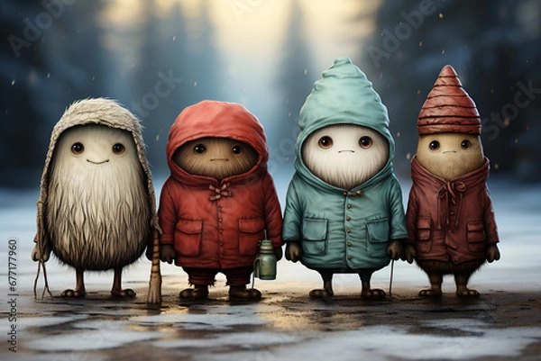 Fototapeta Group of cartoon New Year characters generated AI