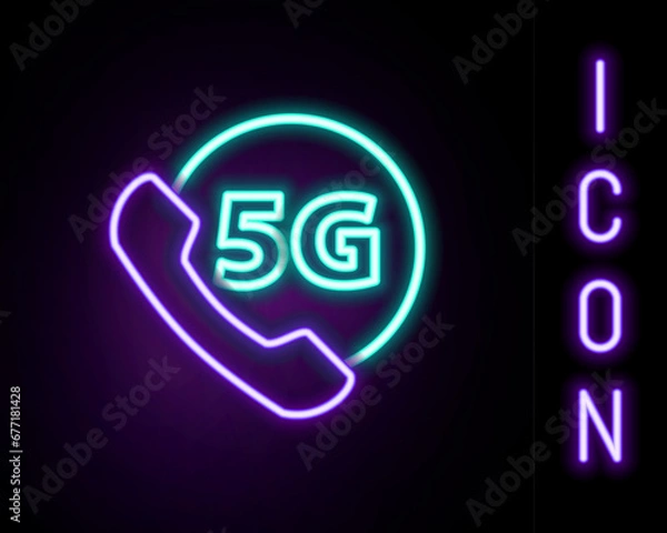Obraz Glowing neon line Phone with 5G new wireless internet wifi icon isolated on black background. Global network high speed connection data rate technology. Colorful outline concept. Vector