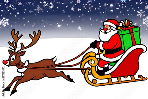 Fototapeta Santa carrying a present and riding a sleigh pulled by Rudolph.
Generative AI