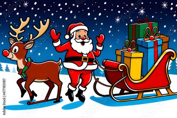 Fototapeta Santa carrying a present and riding a sleigh pulled by Rudolph.
Generative AI