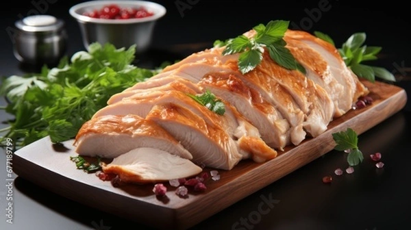 Fototapeta Marinated grilled healthy chicken breasts, served with fresh herbs and souse on a wooden board, close up view