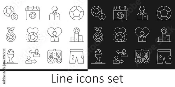 Fototapeta Set line Shorts for playing football, Award over sports winner podium, Football soccer commentator, Soccer, medal, player and calendar icon. Vector