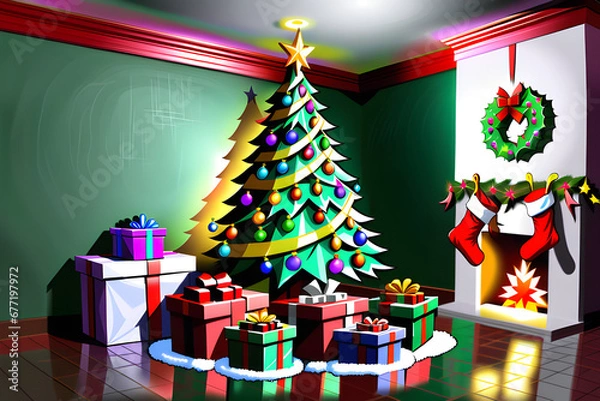Fototapeta X-mas tree decorated with gifts and a star.
Generative AI

