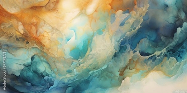 Fototapeta Watercolor duotone azure and fawn texture similar to foam splashes of sea waves.