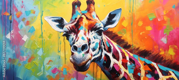 Fototapeta Animal head portrait art - Colorful abstract oil/acrylic painting of a giraffe, palette knife on canvas.
