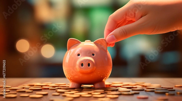 Fototapeta Hand puts Money in his Piggy Bank and Save for Investment and prosperous future begins with small savings discount offer insert coin