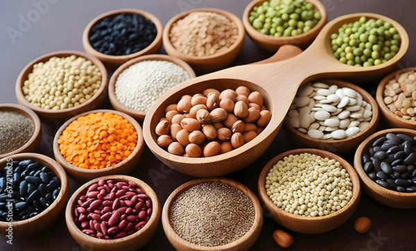 Fototapeta Different type of raw dry legumes composition on marble table surface.