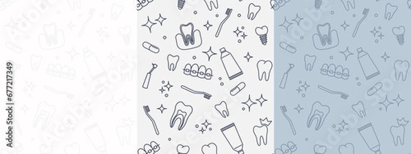 Fototapeta Medical seamless background set patterns with teeth in trendy linear style dentistry doctor
