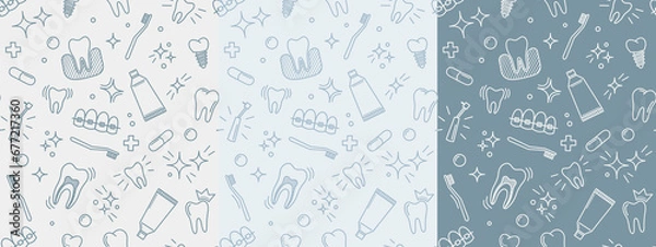Fototapeta Medical seamless background set patterns with teeth in trendy linear style dentistry doctor
