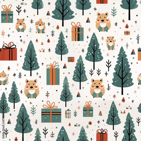 Fototapeta Christmas elements in modern minimalist geometric style. Colorful illustration in flat vector cartoon style. Xmas tree with geometrical patterns, stars and abstract elements