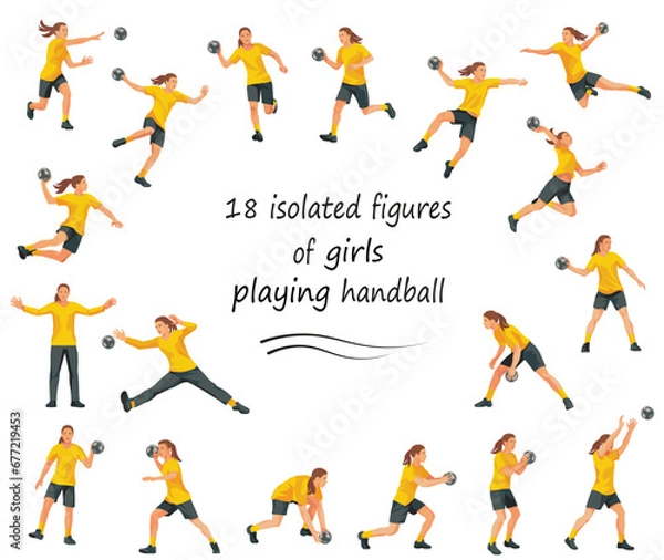 Obraz 18 vector isolated figures of women's handball players and goalkeepers in yellow sports uniform jumping, running, catching the ball, standing