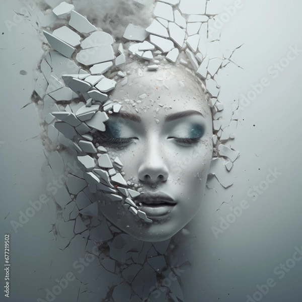 Fototapeta Beautiful face of a woman crumbling out of a wall with small stones
