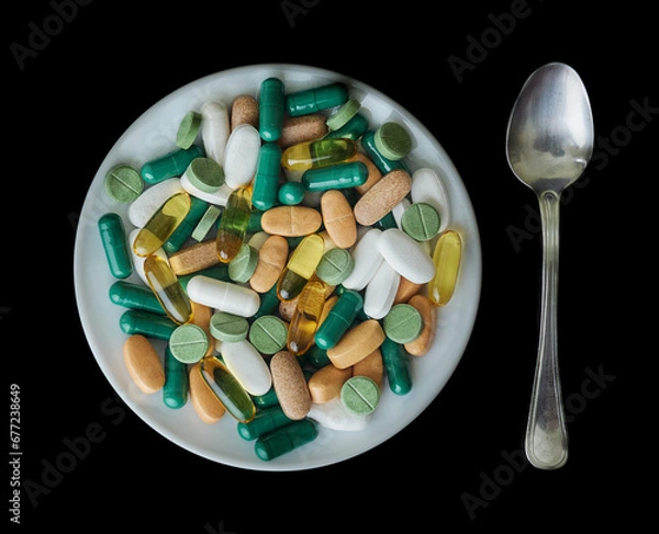 Fototapeta assorted tablets for food on a plate with a spoon