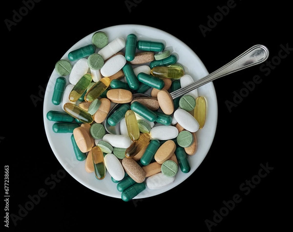 Fototapeta assorted tablets for food on a plate with a spoon