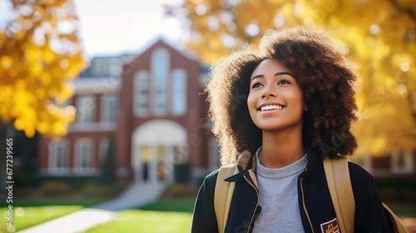 Obraz Portrait of a smiling young black female student on colledge campus in the fall ready to start school year 