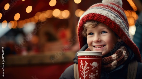 Fototapeta A smiling child bundled up in winter clothes, holding a red cup, stands in front of a festive market with sparkling lights in the background.