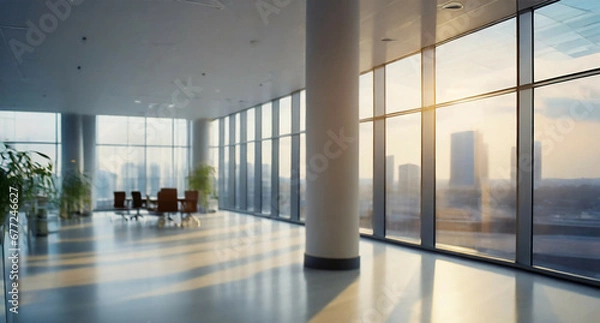 Fototapeta Empty modern office hall with panoramic windows and beautiful lighting and a blurred background of the cityscape