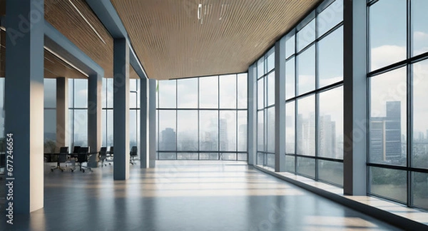 Fototapeta Empty modern office hall with panoramic windows and beautiful lighting and a blurred background of the cityscape