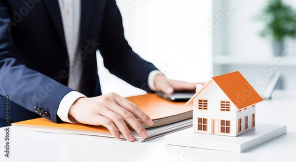 Fototapeta Business property, real estate and investment concepts with investor and model house on desk background.